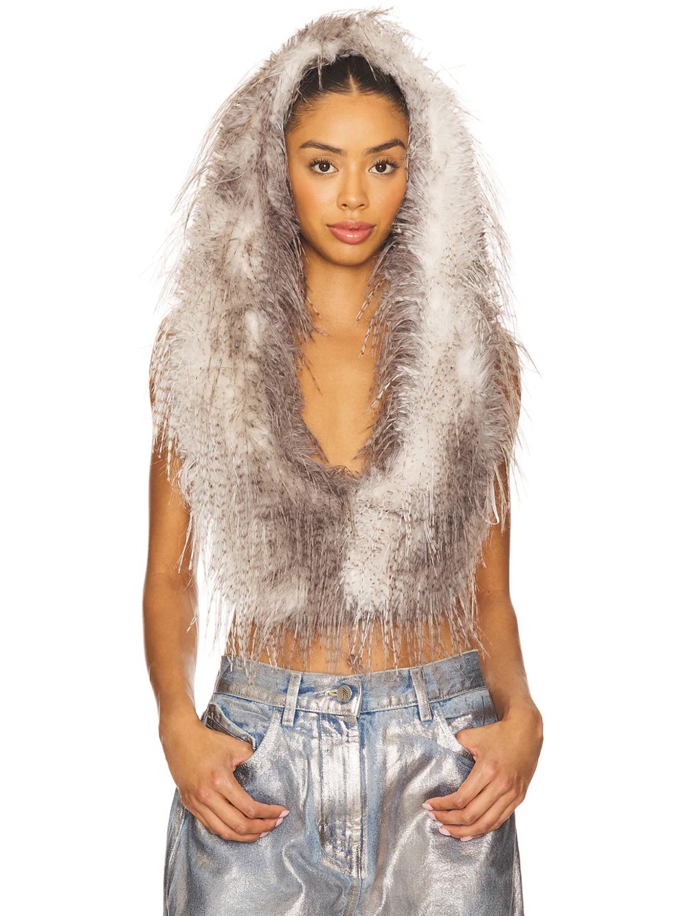 Faux Feather Fur Backless Vest - Gray/Brown